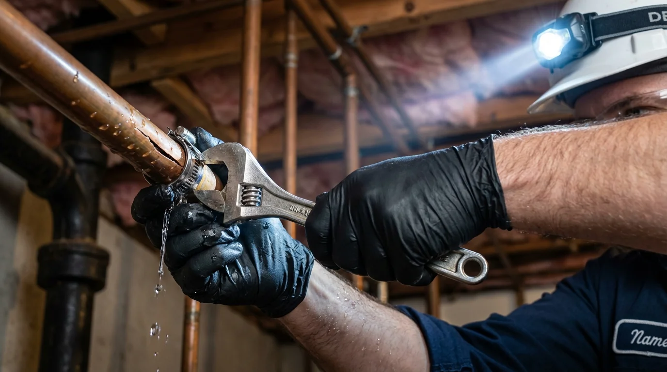Emergency pipe clamp repair being performed by a Johns Plumbing LLC plumber in Uncasville