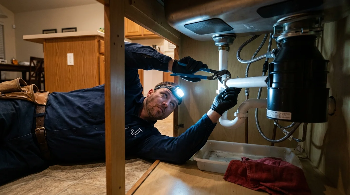 P-trap and supply line connections under a kitchen sink showing a common leak point in Uncasville, CT